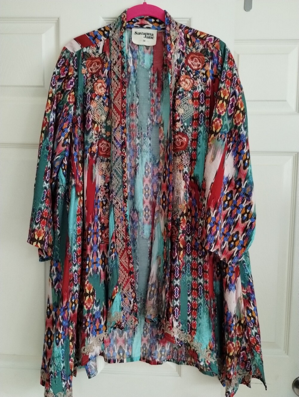 Savanna Jane Teal Red Multicolor Open-Front Kimono 1x